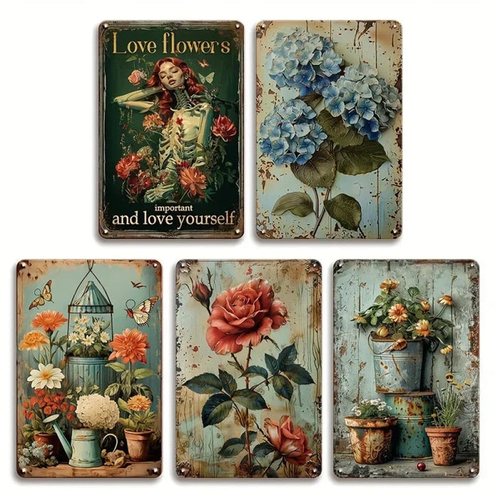 5-Piece Flower Tin Sign Set For Retro Shabby Chic Wall Decor