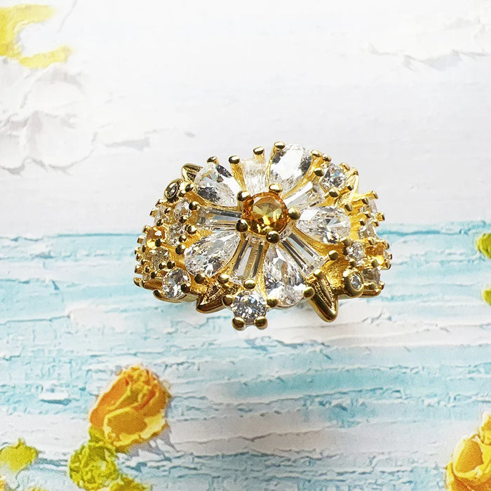 925 Sterling Silver Gold Daisy Cocktail Ring Romantic Gift For Women