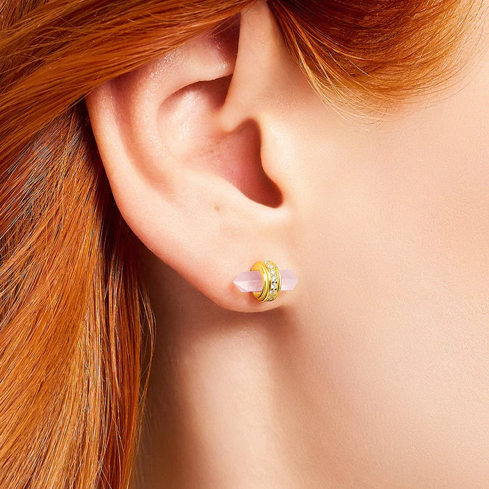 925 Sterling Silver Gold Plated Hexagonal Rose Stone Stud Earrings For Women