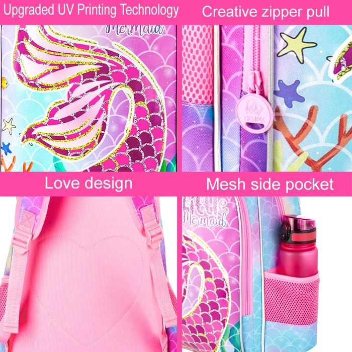 3 Piece Mermaid Backpack Set For Girls 16 Inch Preschool Bookbag Lunch Box