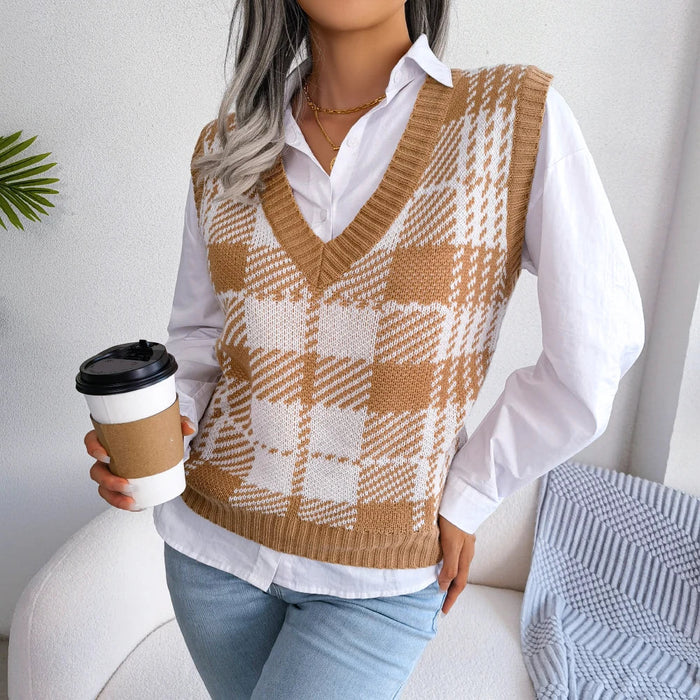 Plaid Sleeveless Sweater Vest For Women