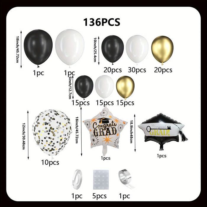 136Pcs Black White Gold Balloon Arch Garland Kit Graduation Cap Star Balloon Graduation Party Graduation Birthday Decoration