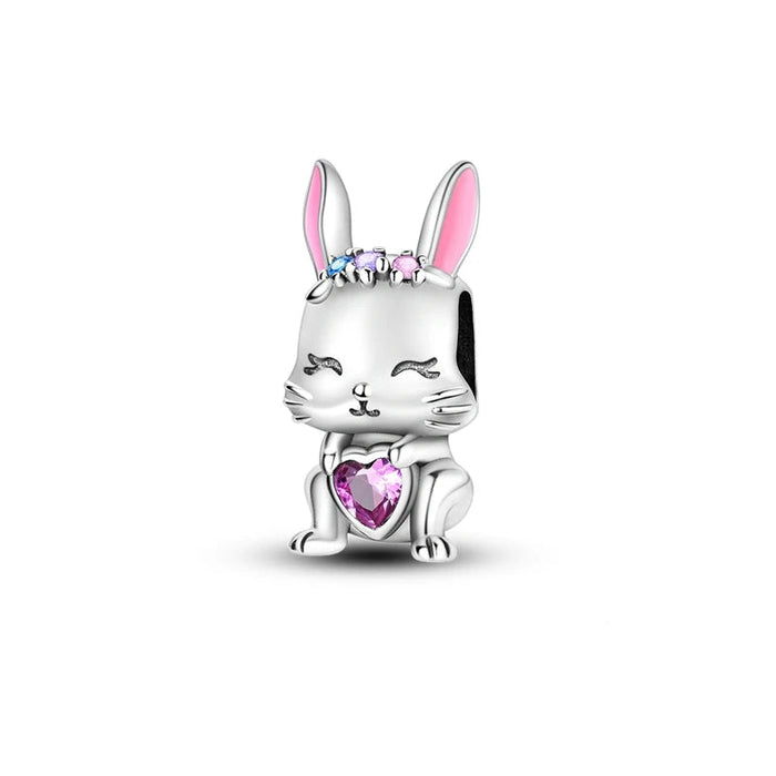 925 Sterling Silver Pink Rabbit Love Charm For Women Diy Party Accessory