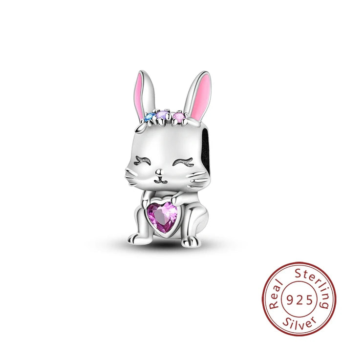 925 Sterling Silver Pink Rabbit Love Charm For Women Diy Party Accessory