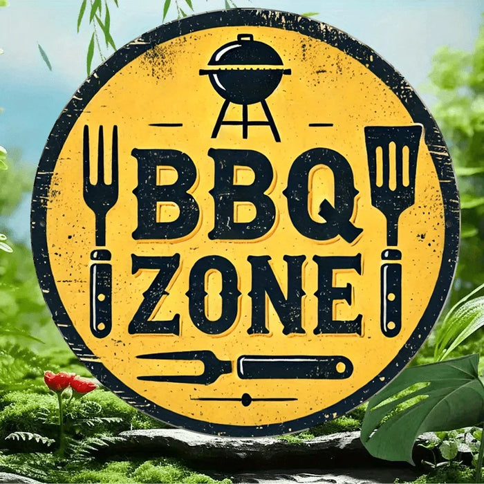 Rustic Bbq Wall Art 7.87 Inch Aluminum Sign With Grill & Utensils Design