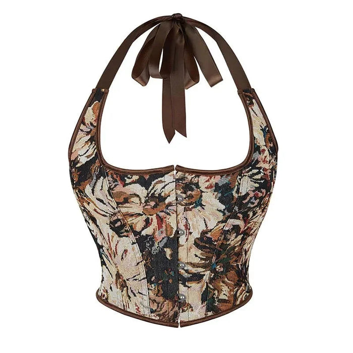 Fishbone Halter-Strap Vest Tank Crop Top Women Deep V Neck Backless Corset Bustier Body Shapewear