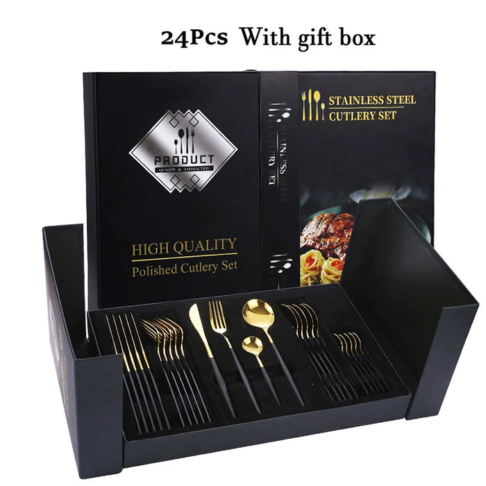 24 Piece Black & Gold Stainless Steel Cutlery Set Ideal For Festive Occasions & Dinners