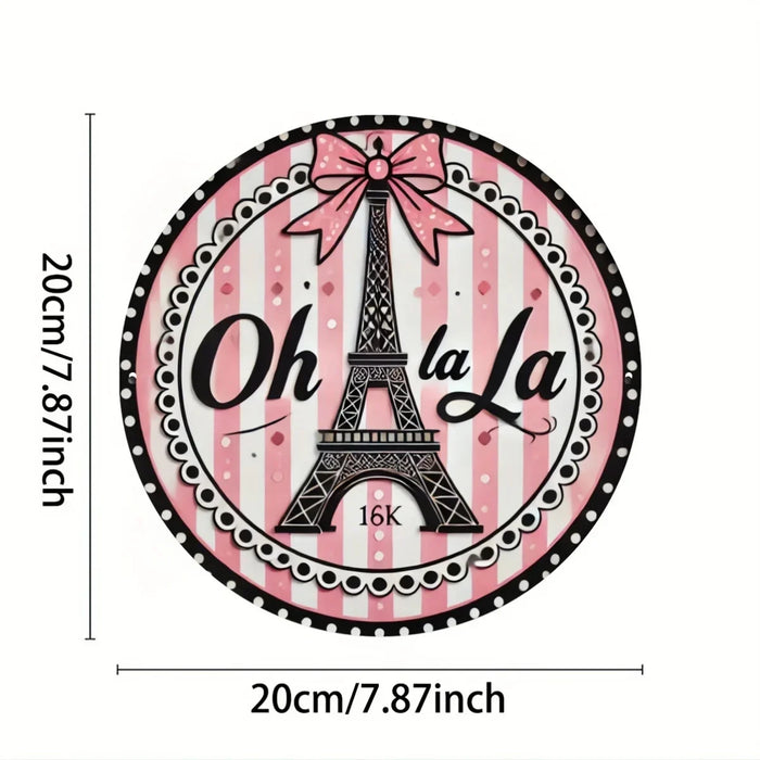Eiffel Tower Metal Sign 8X8 Inch Round Pink & Black Stripes Festive Bow