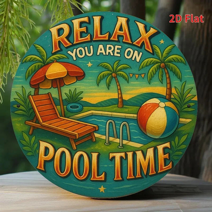 Vintage Pool Time Metal Sign Palm Trees & Lounge Chairs