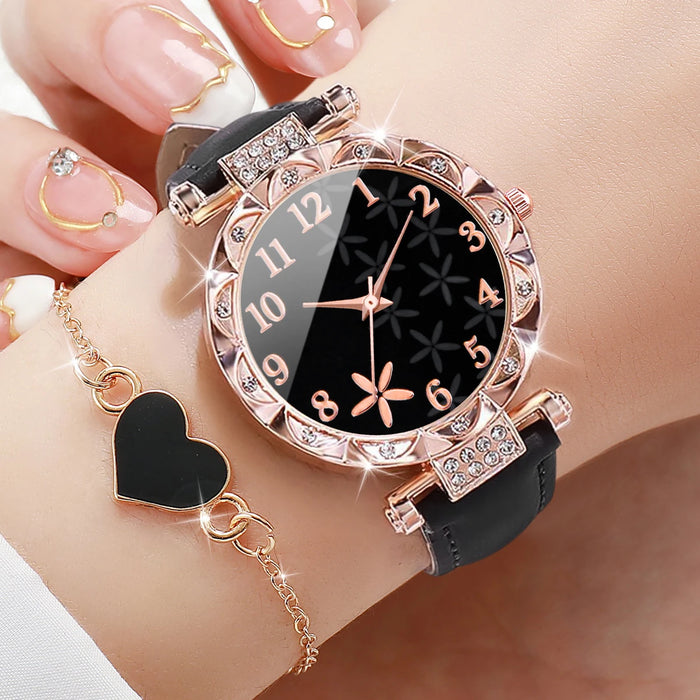 6 Piece Floral Dial Quartz Watch Bracelet Set - Without Box