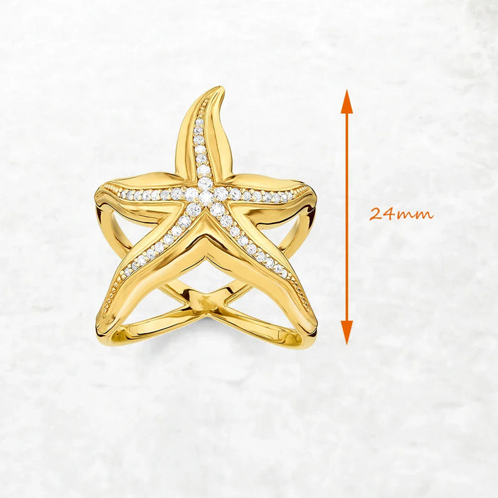 925 Sterling Silver Gold Plated Starfish Ring Fine Jewelry For Women