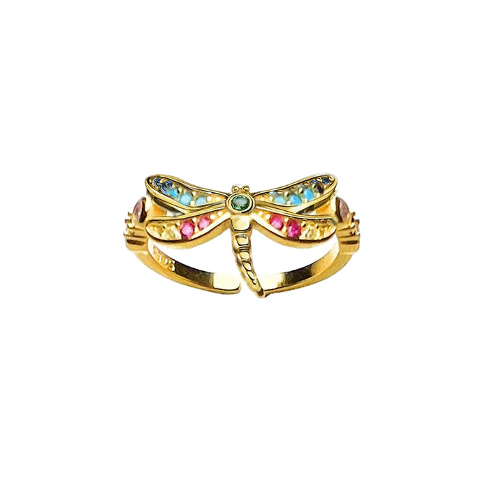 925 Sterling Silver Bohemian Dragonfly Ring With Coloured Stones