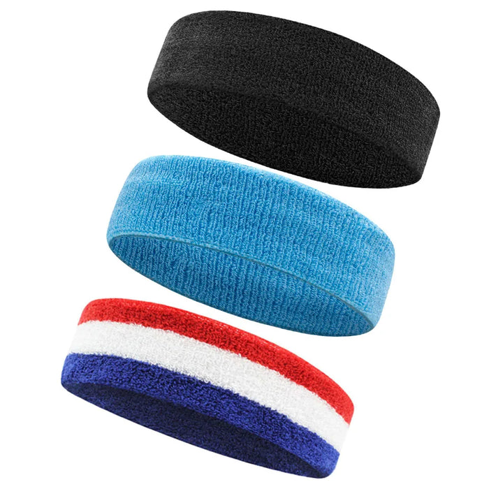 3 Piece Athletic Sweatbands Moisture Wicking Terry Cloth Headbands For Sports