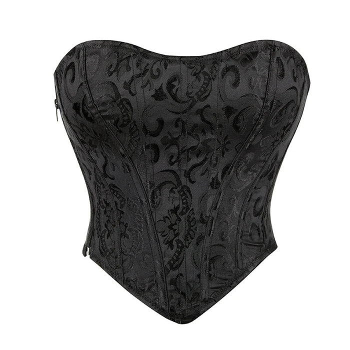 Strapless Lace Up Boned Bustier Corset Plus Size Xs-6Xl Black Brocade Side Zip Bodyshaper Crop Top