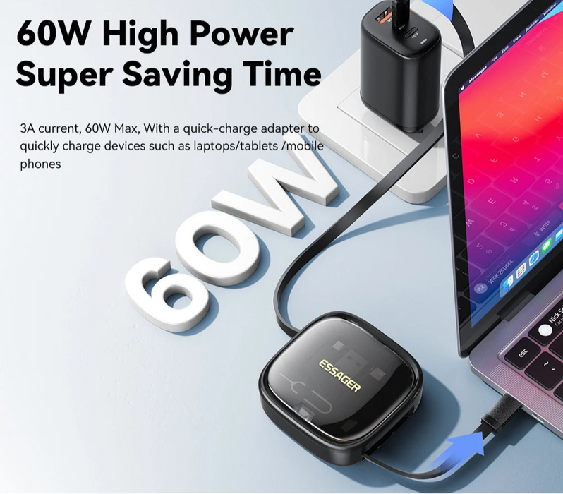 Usb C To Tpye C Cable Pd 60W To Micro Lightning Fast Charging Data Travel Multi Functional Cord With Holder Storage Box