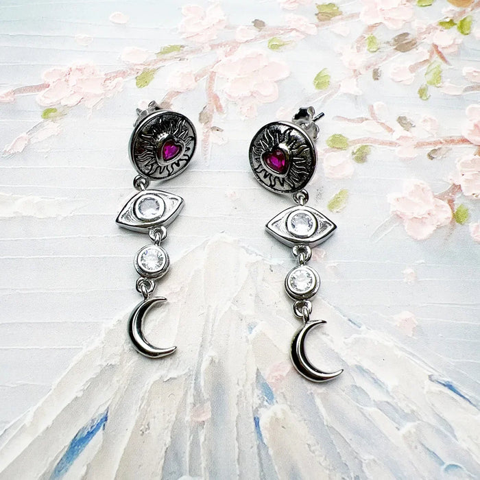 925 Sterling Silver Boho Talisman Earrings Eye Moon Sun Heart Lucky For Women