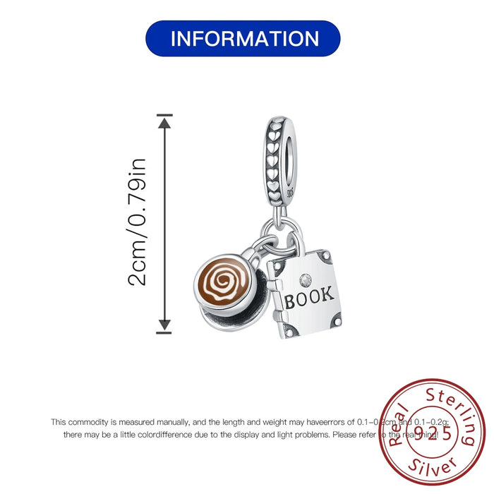 925 Sterling Silver Coffee Cup Book Pendant Fits Bracelet Women Diy Gift