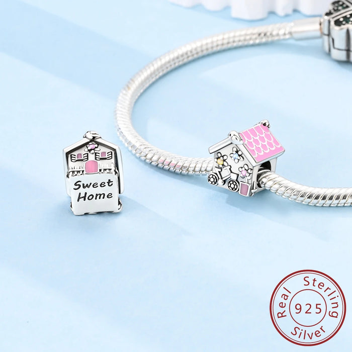 925 Sterling Silver Pink House Bead Charms Fits Bracelet Diy Gift