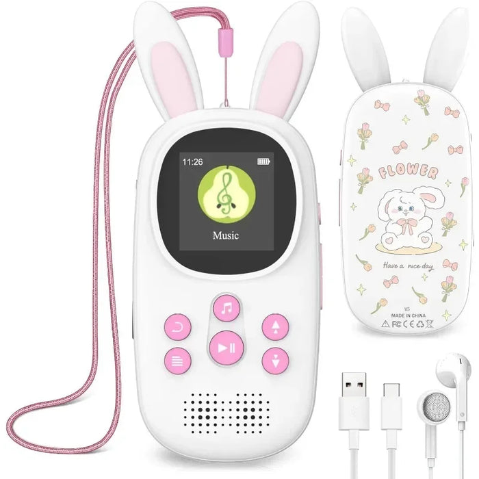 32Gb Kids Mp3 Player With Bt & Speaker Cute Bunny Design Supports Up To 128Gb