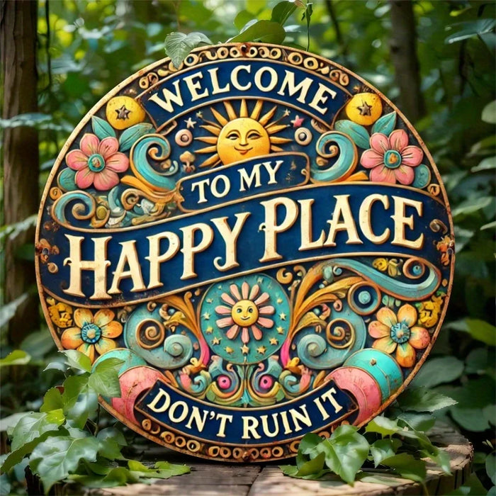 Welcome To My Happy Place Round Metal Sign 8X8 Inch Wall Decor For Bedroom Kitchen Bar & Office 2D Gift