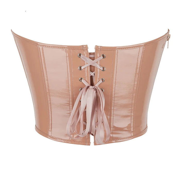 Vintage Gothic Leather Bustier Top Deep V-Neck Invisible Zipper Push Up Strapless