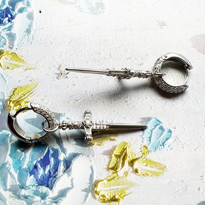 925 Sterling Silver Vintage Zircon Cross Hoop Earrings Men / Women