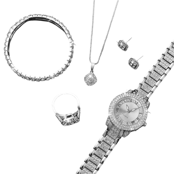 6 Piece Rhinestone Dial Quartz Watch Set Steel Band Diamond Accents