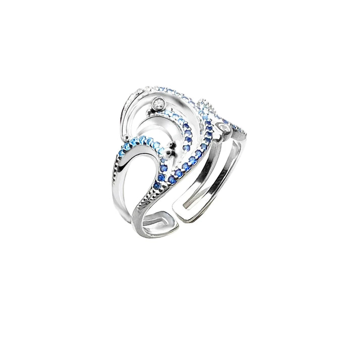 925 Sterling Silver Blue Stone Wave Cocktail Ring Real For Women