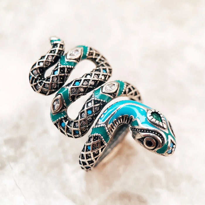 925 Sterling Silver Boho Blue Snake Pave Open Ring