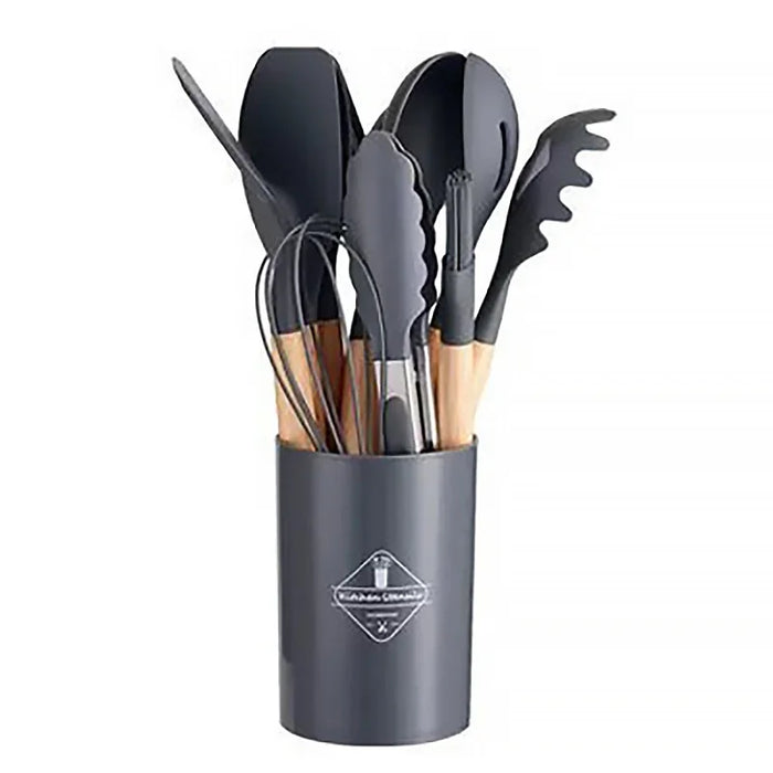12 Piece Silicone Kitchen Utensil Set With Wooden Handle And Storage Bucket