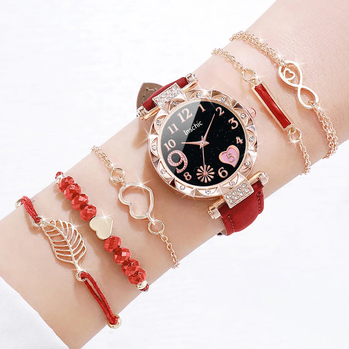 6 Piece Heart Dial Leather Band Watch Set