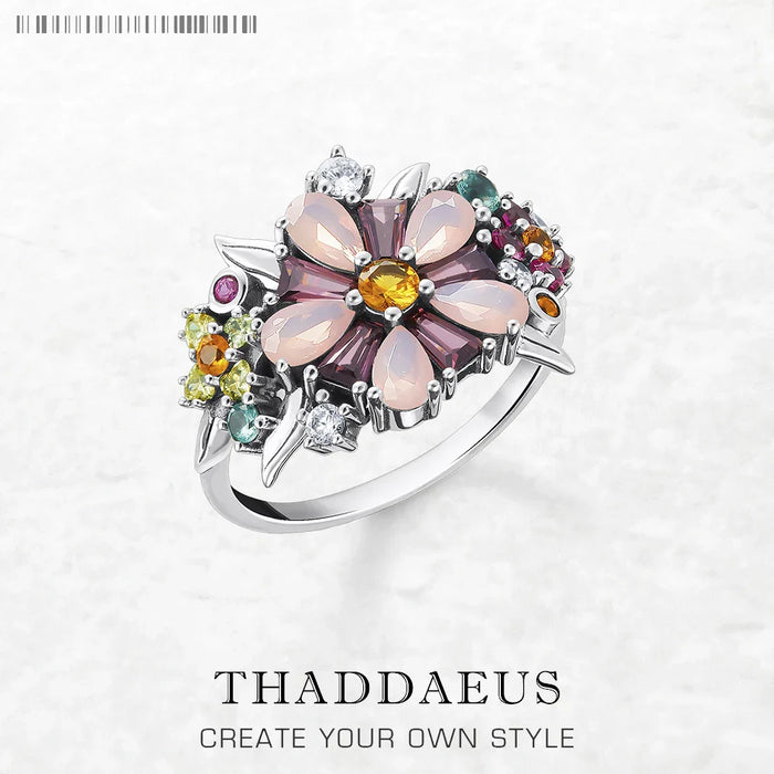 925 Sterling Silver Boho Colourful Flowers Ring For Women