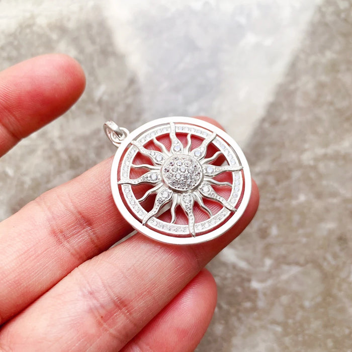 925 Sterling Silver Sun Pendant With White Cz Pave European Style Accessory For Men & Women