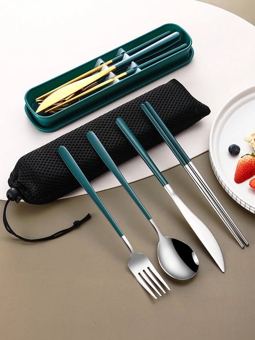 4 Piece Portable Cutlery Set With Box Knife Fork Spoon Chopsticks