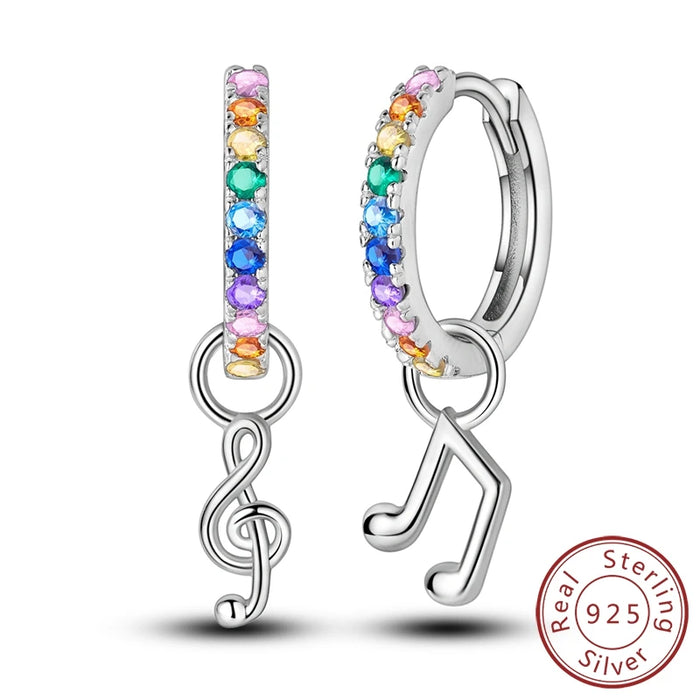925 Sterling Silver Music Note Earrings Zircon Love Lock Hoops For Women