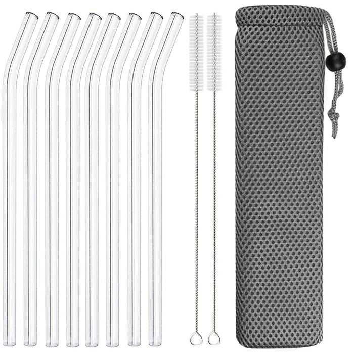 8 Piece Reusable Glass Straws For Smoothies & Cocktails With Brushes