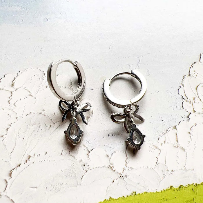 925 Sterling Silver Romantic Gift Bowknot Hinged Hoop Earrings