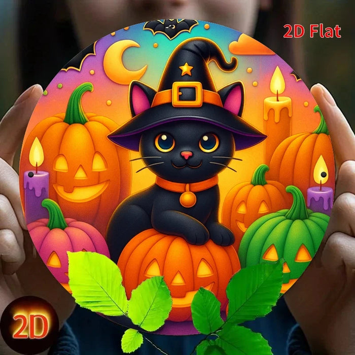 Vintage Halloween Witch Cat & Pumpkins Iron Sign 7.8 Inch Spooky Black Cat