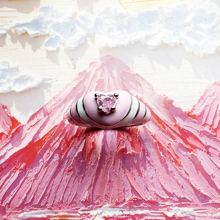 925 Sterling Silver Romantic Gift Pink Heart Ring With Real Fine Jewelry For Women