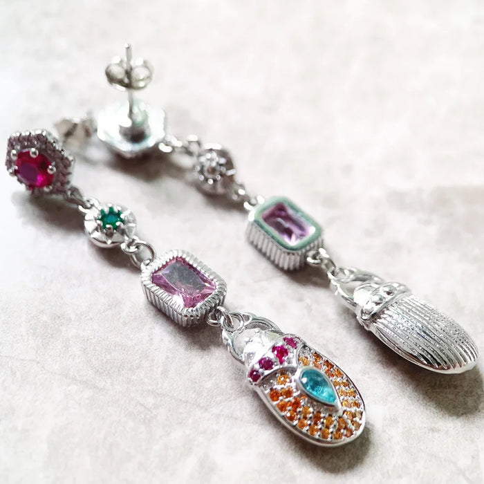 925 Sterling Silver Boho Scarab Earrings Colourful Drop Design Lucky For Women