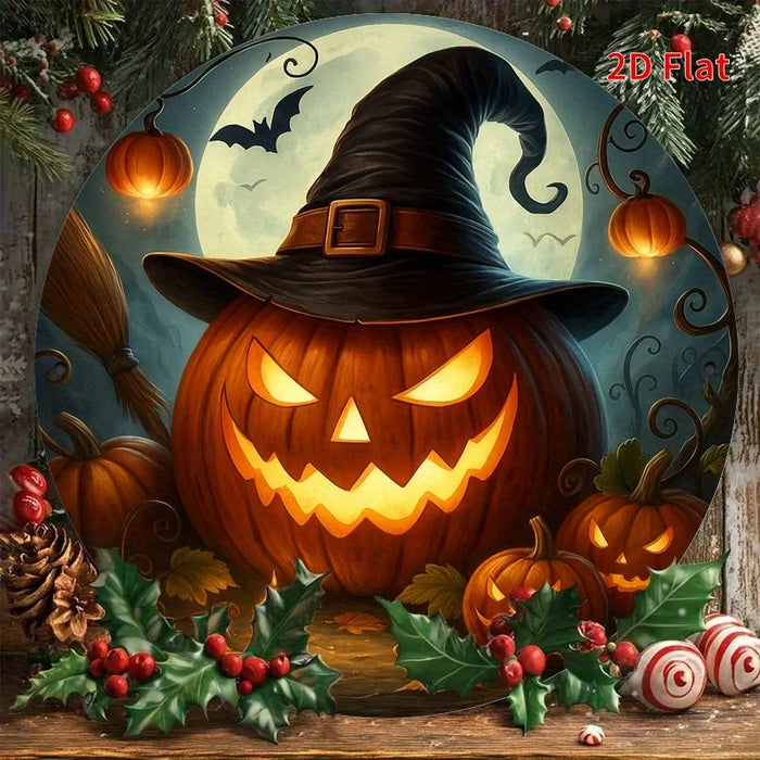 Vintage Halloween Witch & Pumpkin Lanterns Iron Sign Spooky Night Scene