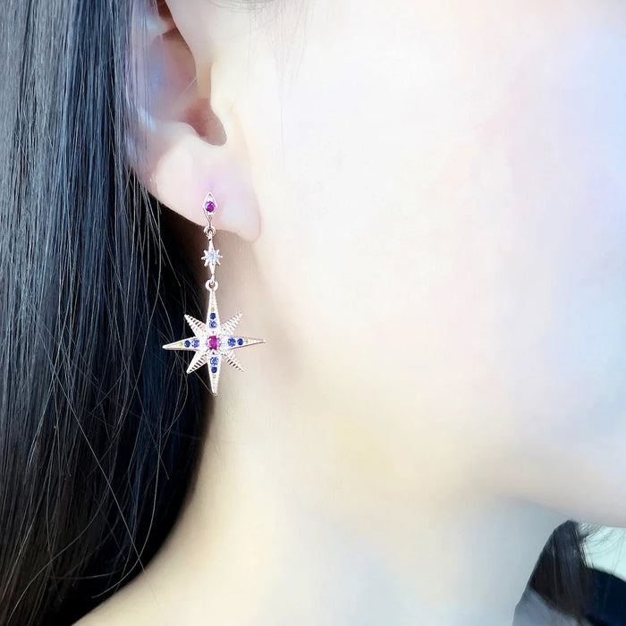 925 Sterling Silver Vintage Star & Moon Drop Earrings Rose Gold Women