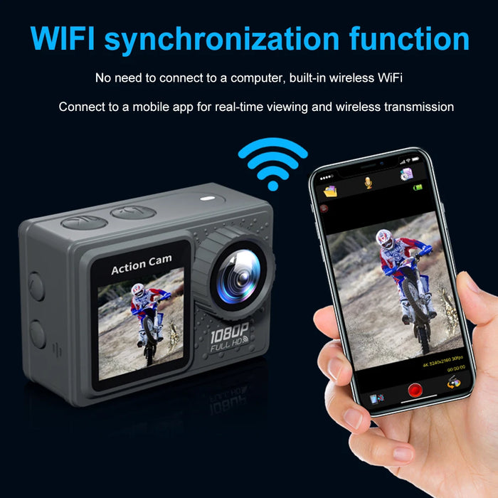 Action Camera Wifi Dual Screen 2.0 Inch Touch Screen 30M Waterproof Sport Camera Outdoor Mini Cam 120° Exercise Video Recorder