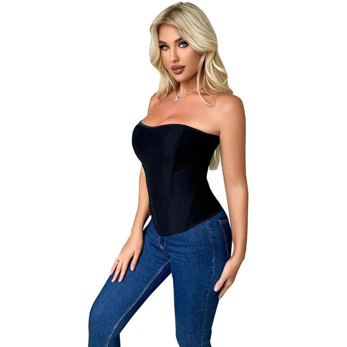 Adjustable Fish Bone Support Corset Top Black Mesh Fabric Back Zip Hollow Out Design