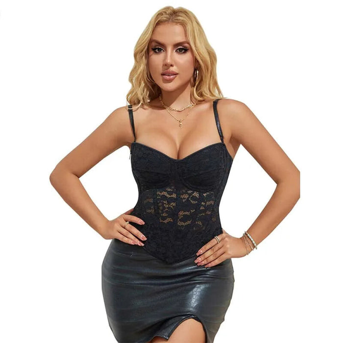 Adjustable Fishbones Spaghetti Strap Corset With Floral Lace Overlay Plus Size Xs-Xxxl