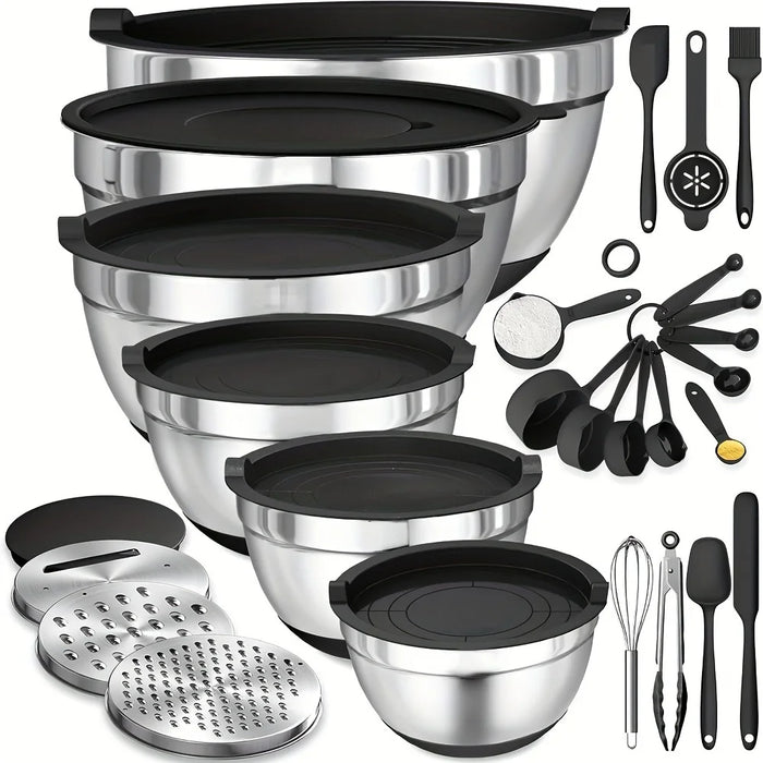 18 Piece Stainless Steel Mixing Bowl Set With Sealing Lids And Grater Attachment