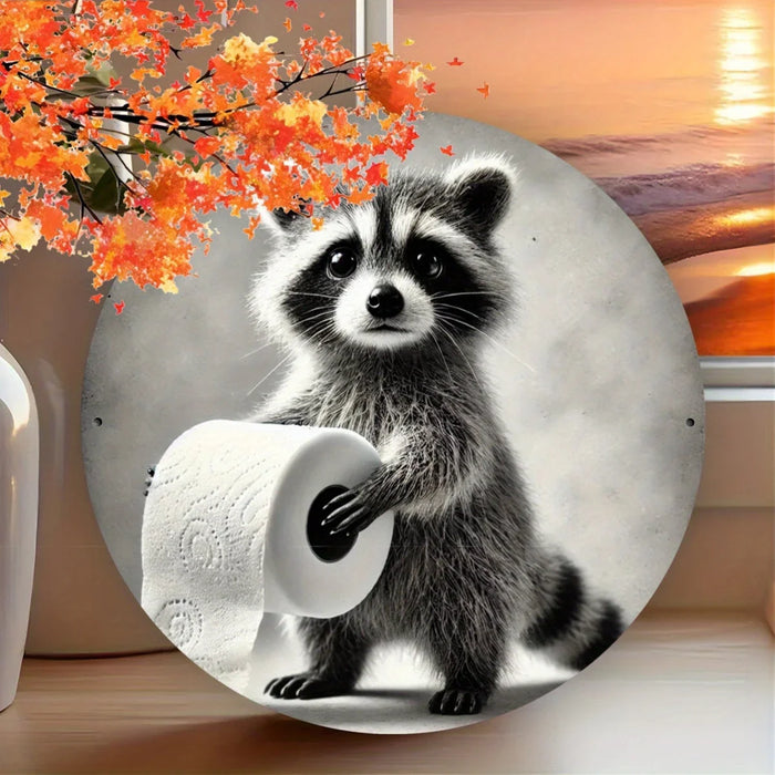 Round Raccoon Metal Wall Art 2D Printed Animal Decor For Home Office Garden & Patio