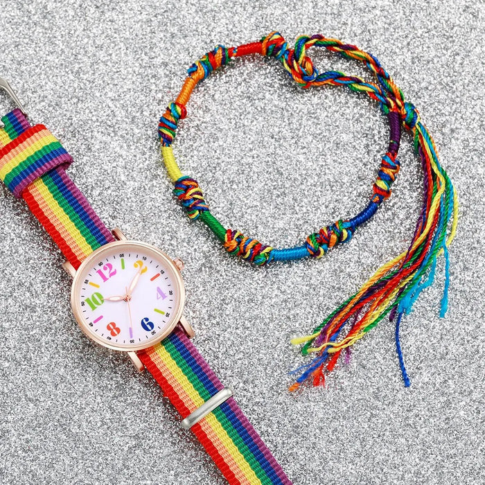 Colourful Rainbow Canvas Strap Mens Watch Set
