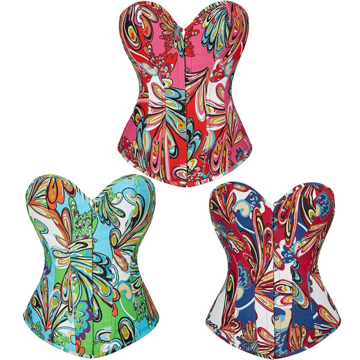Oil Painting Strapless Overbust Corset Top Front 6 Busk Back Lace Renaissance Style For Women
