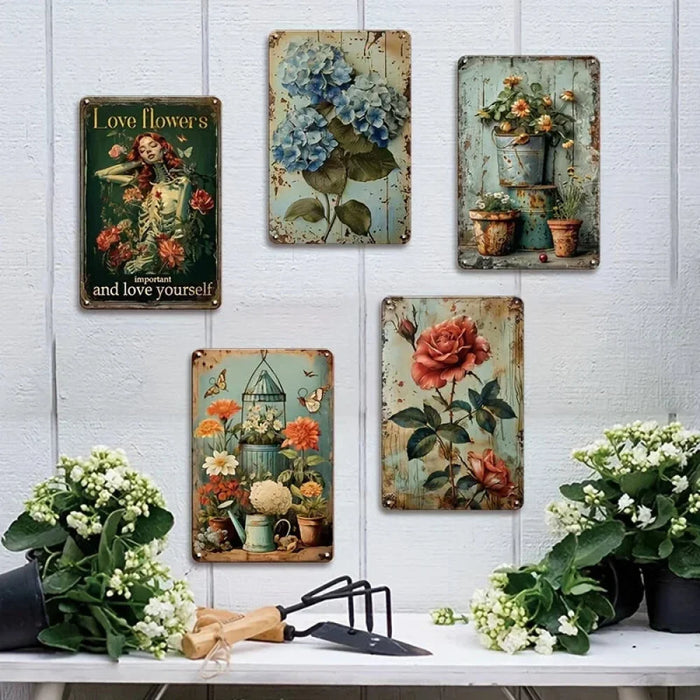 5-Piece Flower Tin Sign Set For Retro Shabby Chic Wall Decor